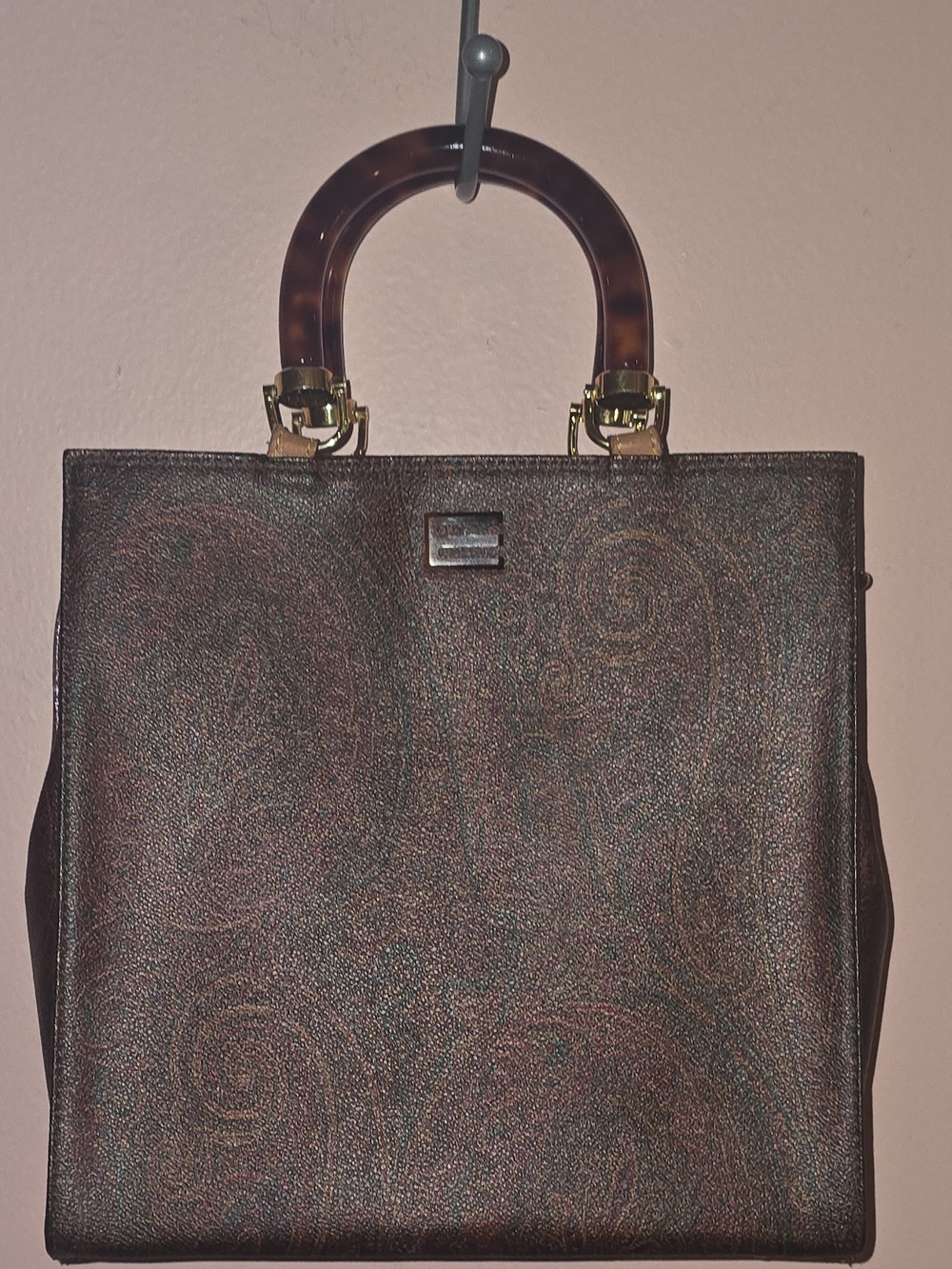 ETRO Brown Paisley Print Tortoise Shell Top Handle Bag Authentic